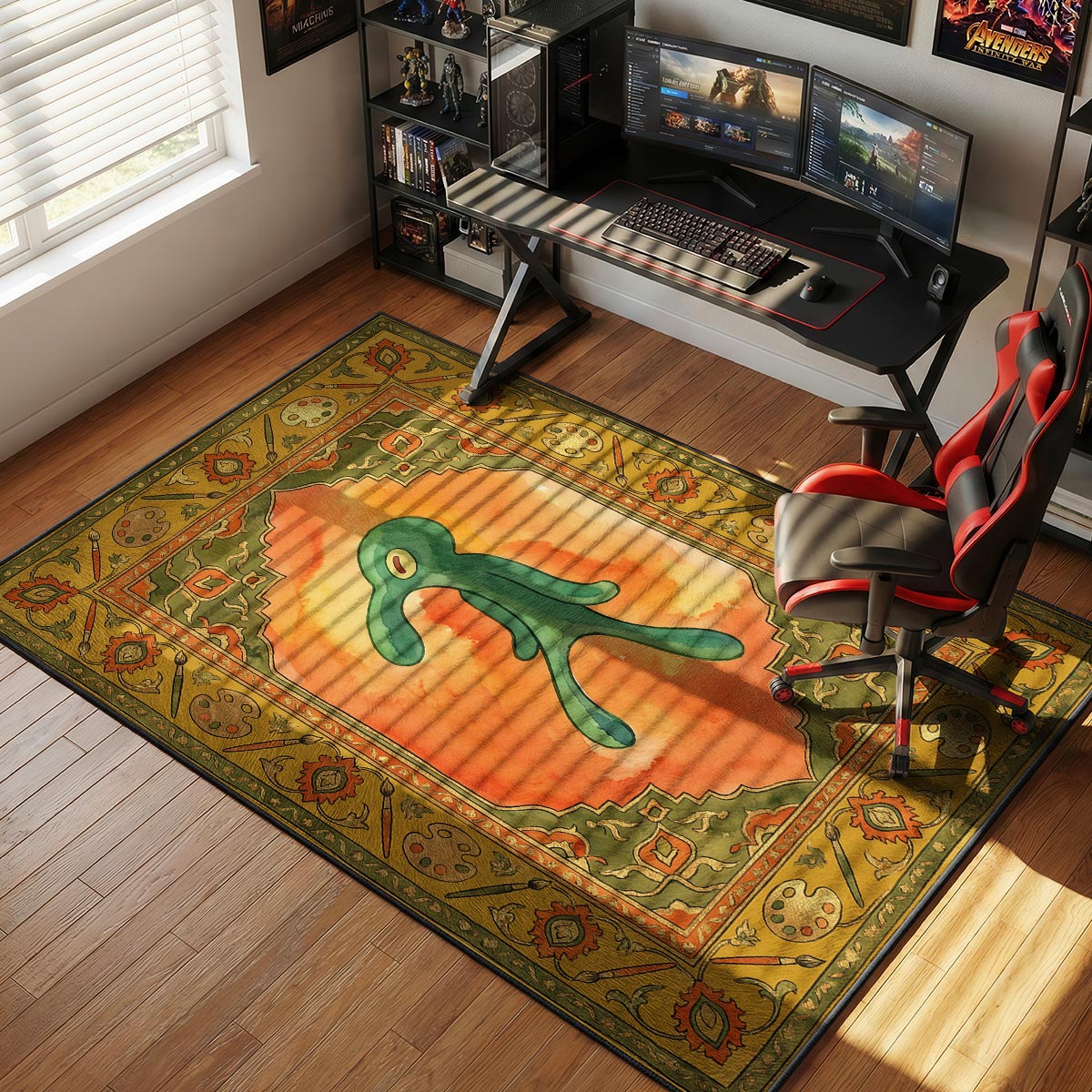 Bold and Brash cartoon rug placed in a creative studio with easel and warm lighting