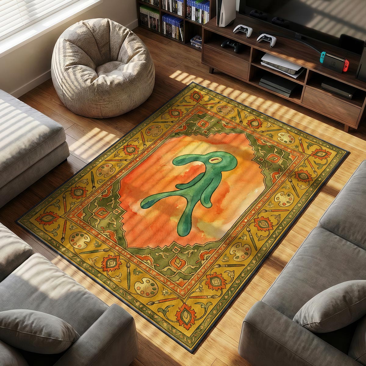 Close-up of Bold and Brash rug showing paintbrush border motif and plush fiber detail