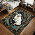 Bond Forger sitting surrounded by bones and peanuts in a blue and gold Persian style area rug and floor mat