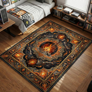 Dark Souls Bonfire Lit scene with Estus Flasks and Coiled Sword medieval fantasy style gaming area rug and floor mat