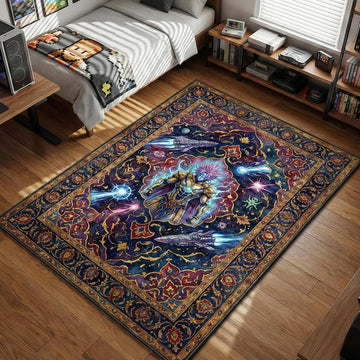 Boros standing in golden armor with glowing chest eye surrounded by spaceships and stars in a Persian style area rug and floor mat