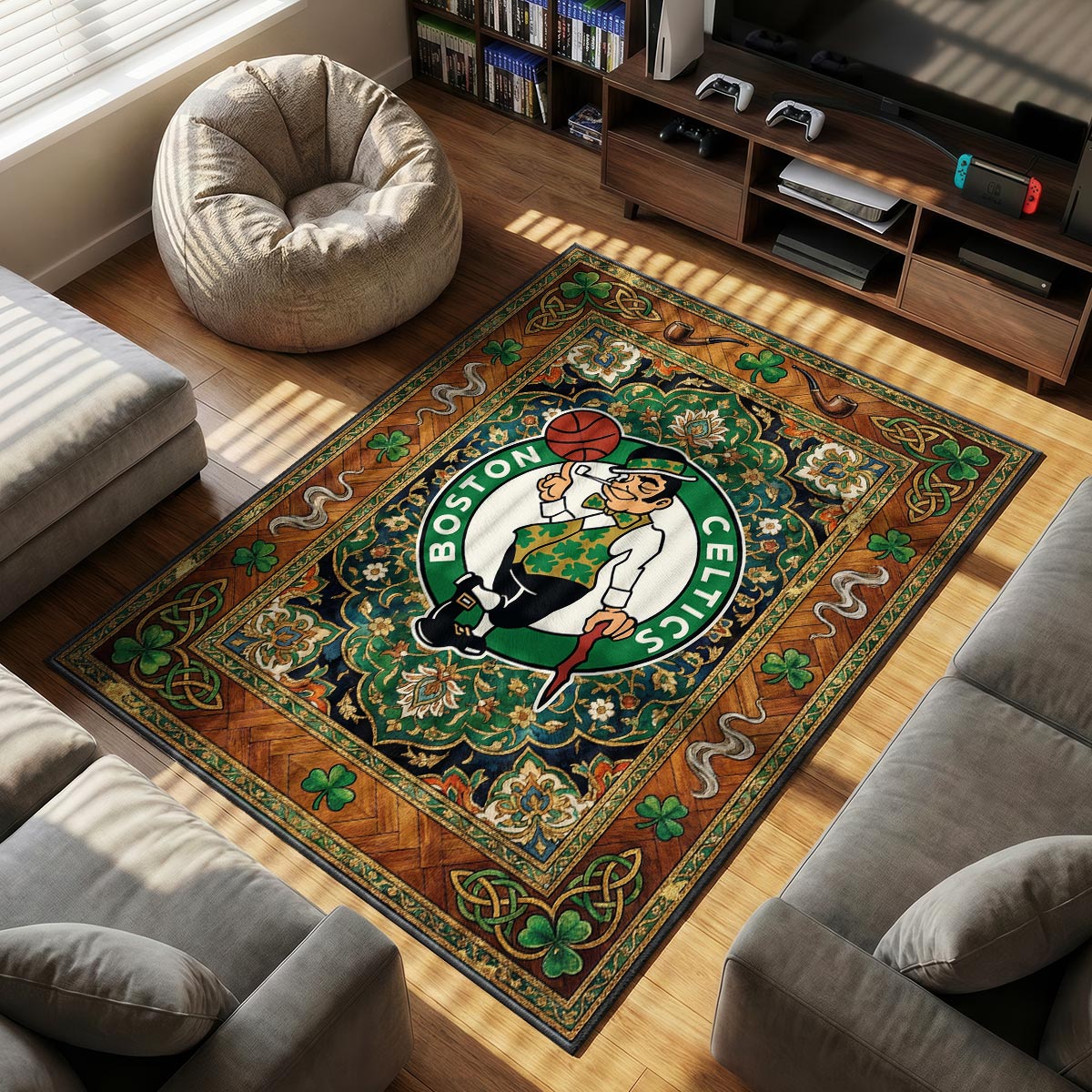Boston Celtics themed area rug for home decor fans