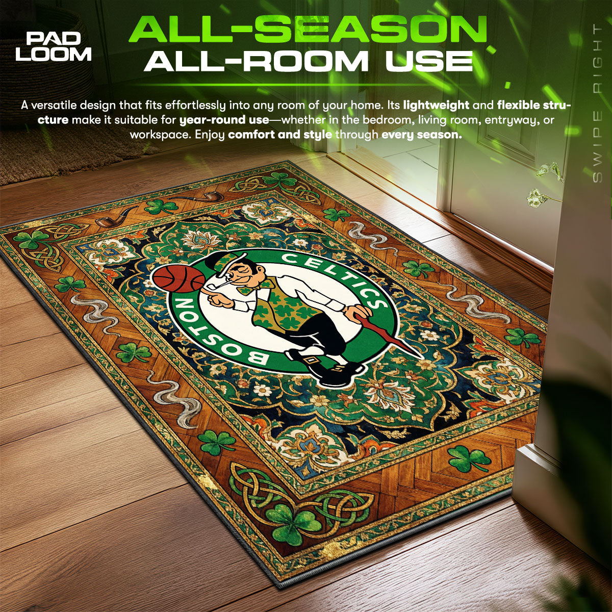 Boston Celtics Ornate Basketball Floor fan rug — premium quality print