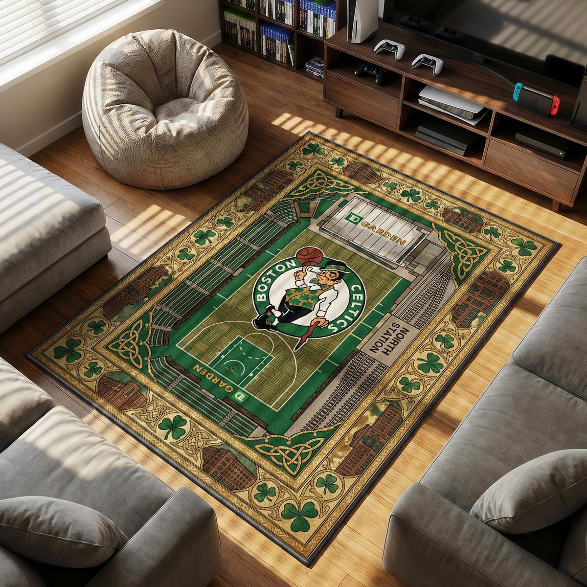 Boston Celtics themed area rug for home decor fans