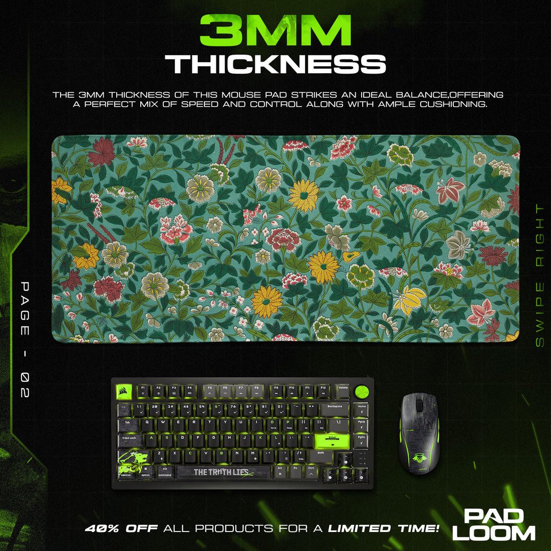 Botanical Garden Mouse Pad, Vintage Floral Gaming Desk Mat