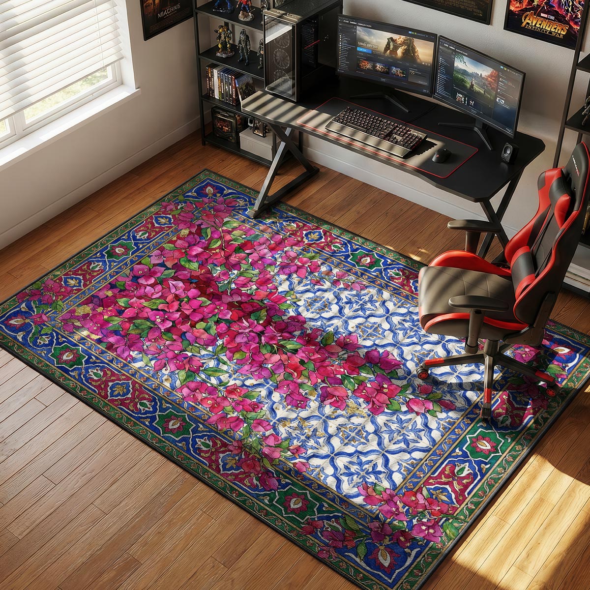 Bougainvillea kitchen rug on white tile floor in a bright Mediterranean-style kitchen with plants