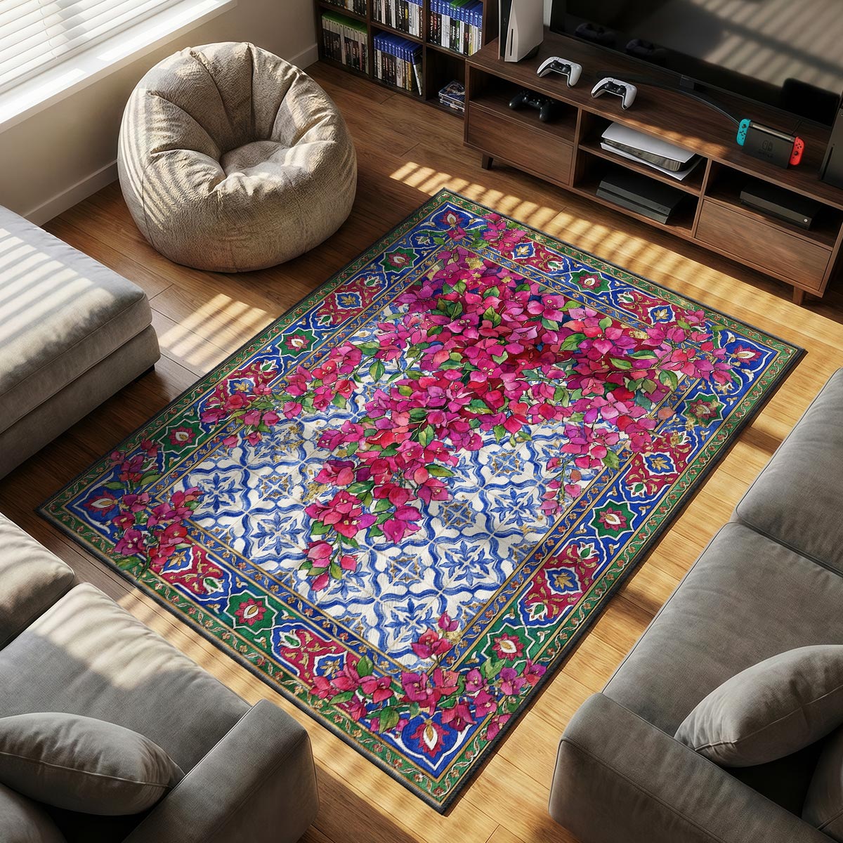 Close-up of bougainvillea mat showing magenta petal detail and blue tile pattern on velvet surface