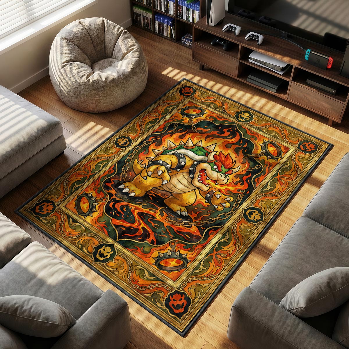Bowser Inferno themed area rug for home decor fans