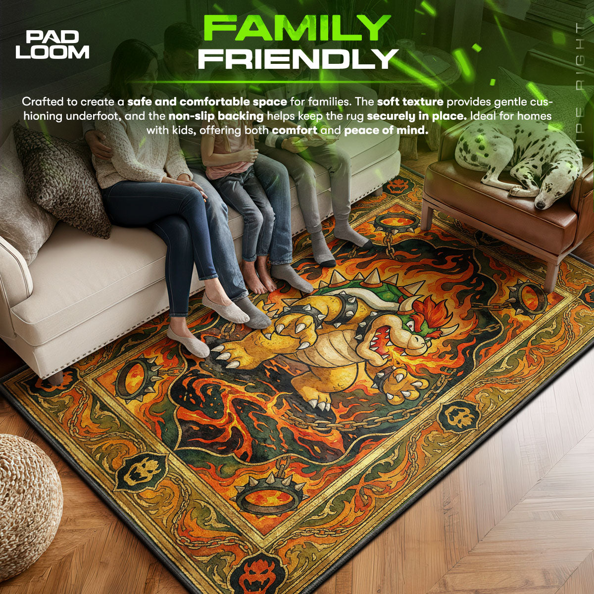 Bowser area rug showing full home decor artwork