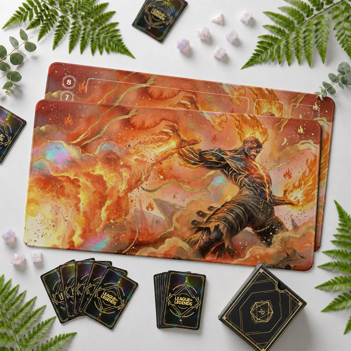 Brand Inferno Riftbound TCG playmat with card zones and score track – LoL game mat