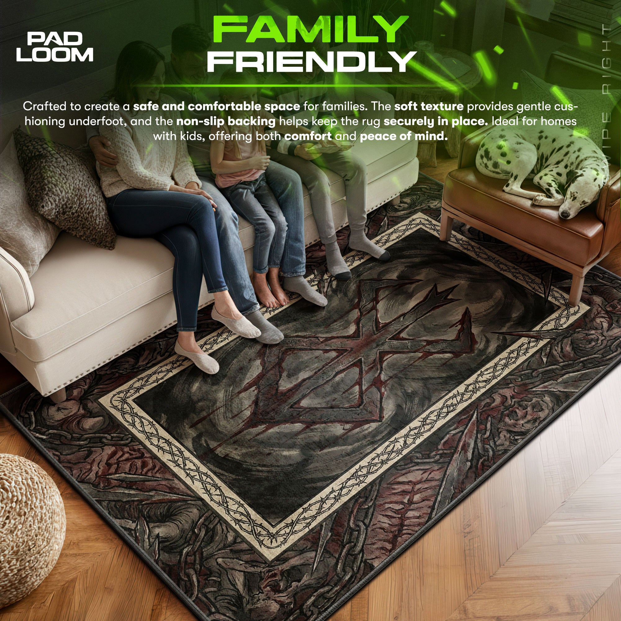 Brand area rug showing full home decor artwork