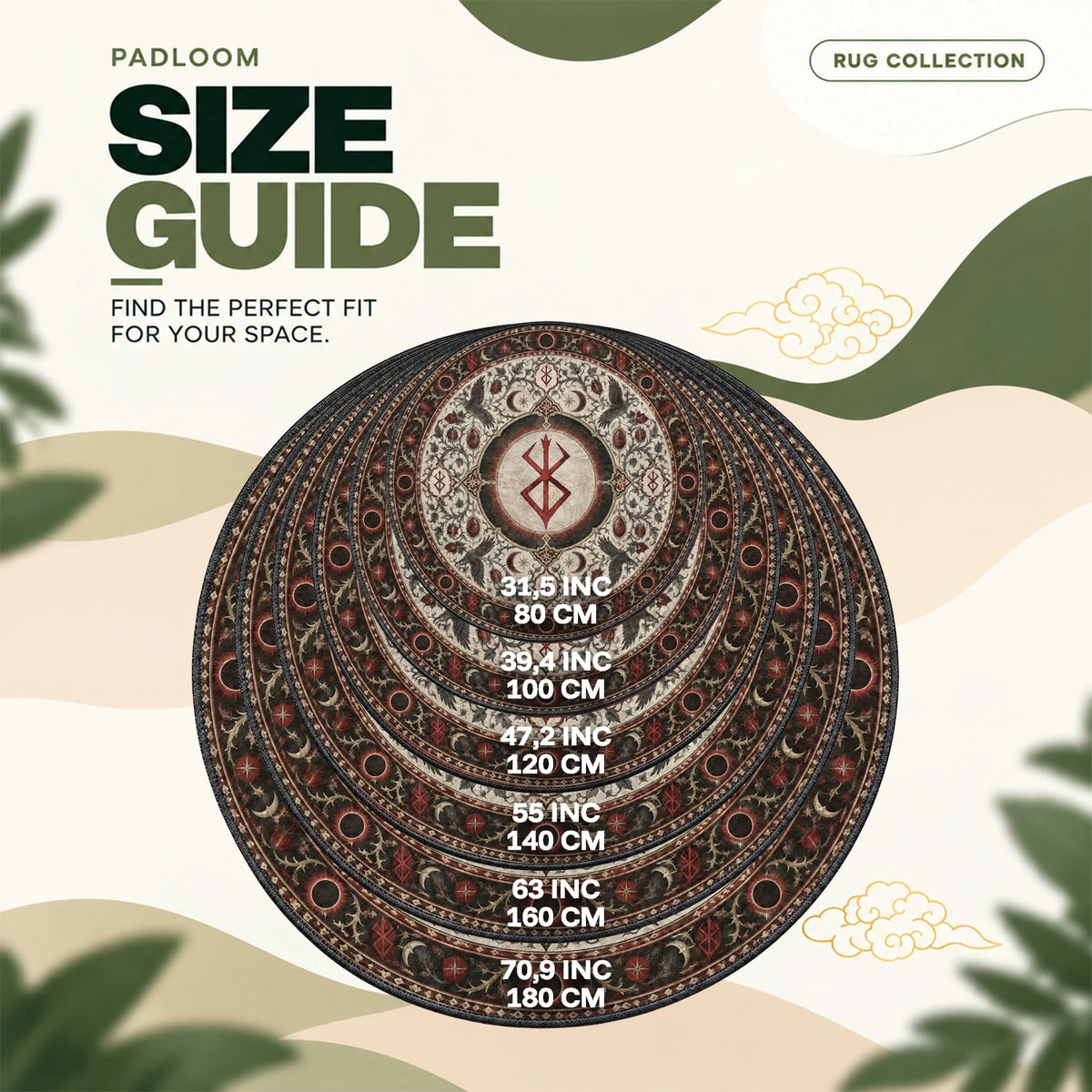 Brand of Sacrifice Eclipse round rug size guide, 80 to 180 cm (31.5 to 70.9 in)