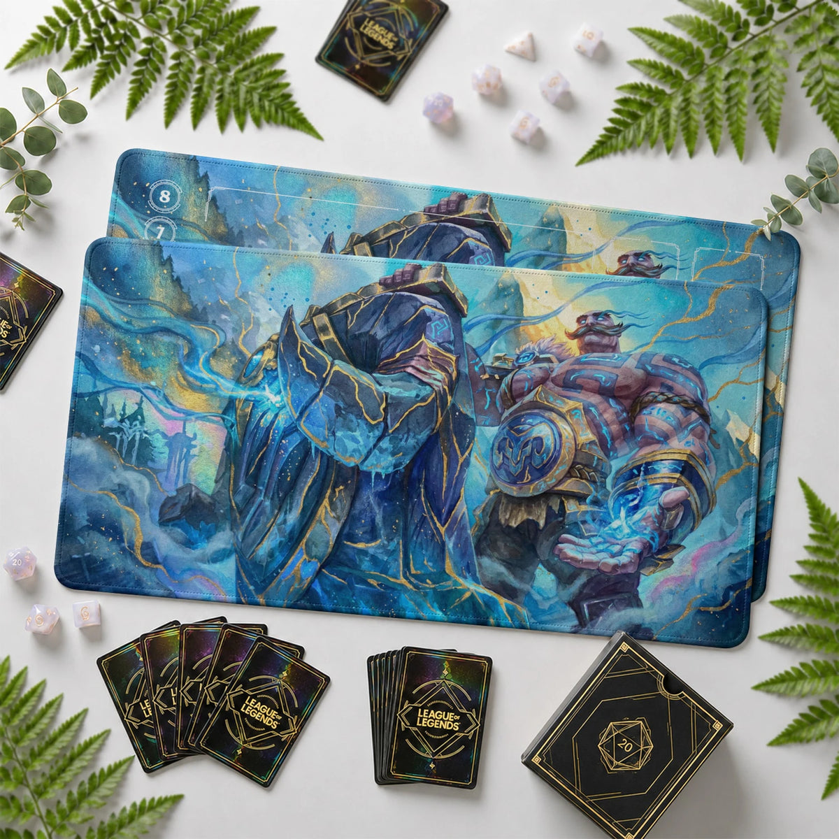 Braum Frost Riftbound TCG playmat with card zones and score track – LoL game mat