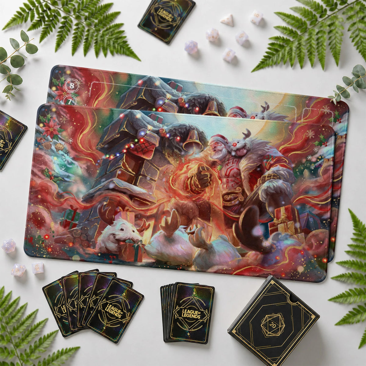 Braum Santa Riftbound TCG playmat with card zones and score track – LoL game mat