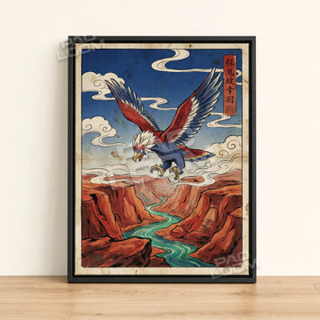 Braviary Swooping Pokemon poster - framed canvas wall art in a black frame