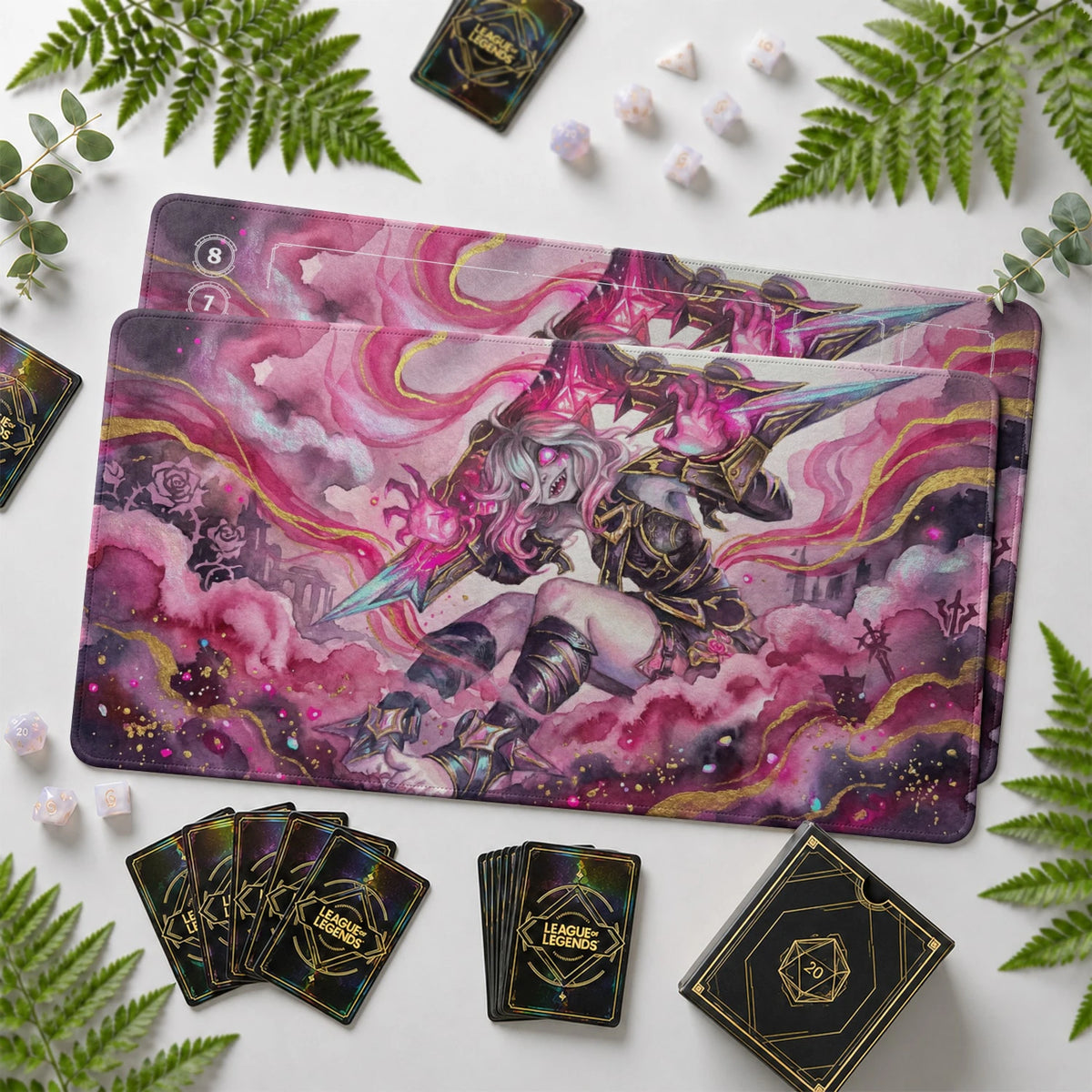 Briar Crimson Riftbound TCG playmat with card zones and score track – LoL game mat