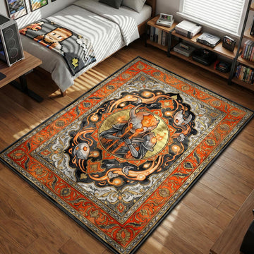 Broken Vessel boss with cracked mask and orange infection glowing amidst floating skulls watercolor style gaming area rug and floor mat