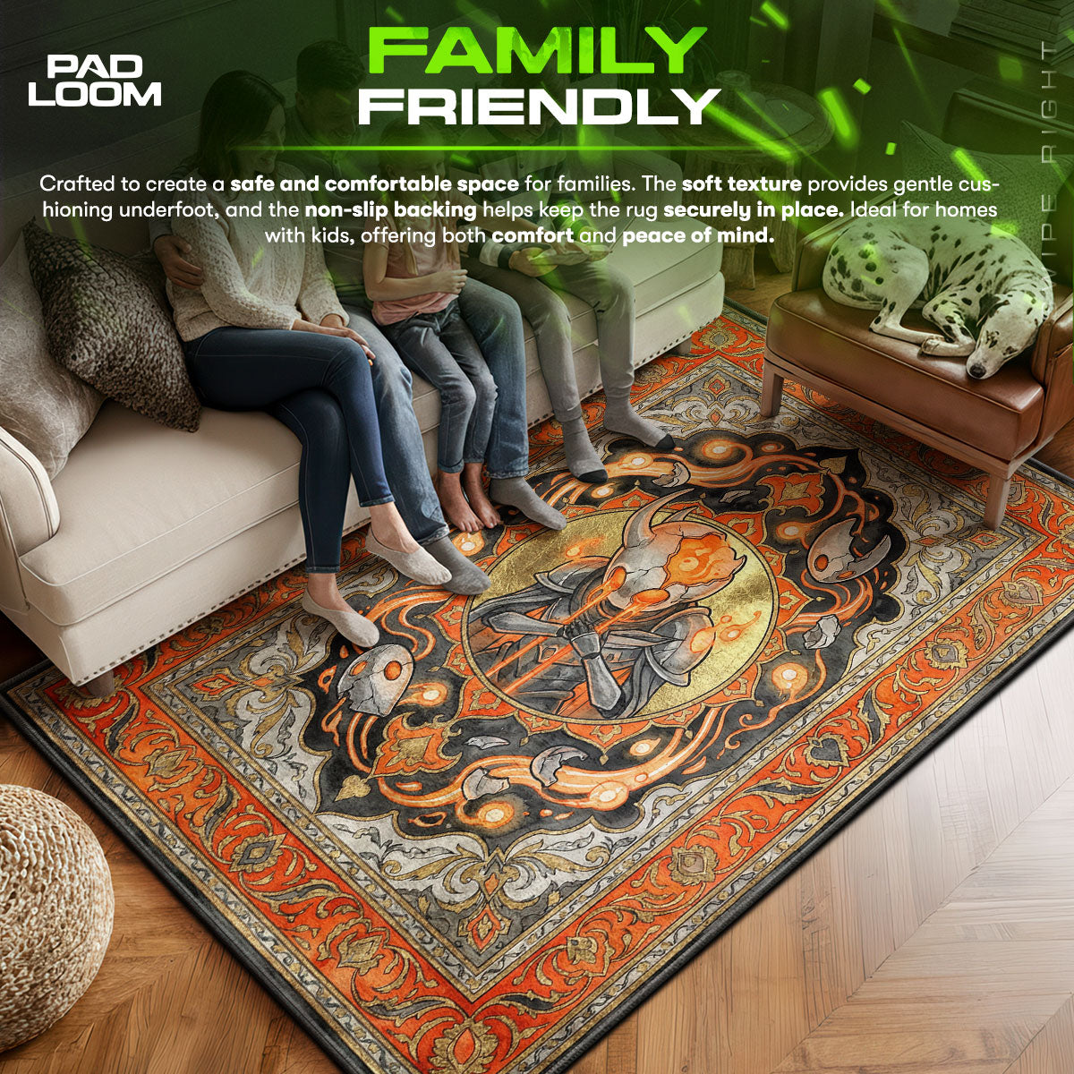 Broken area rug showing full home decor artwork