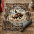 Western bronc rider rodeo area rug with cowboy on bucking horse lassos and dust clouds