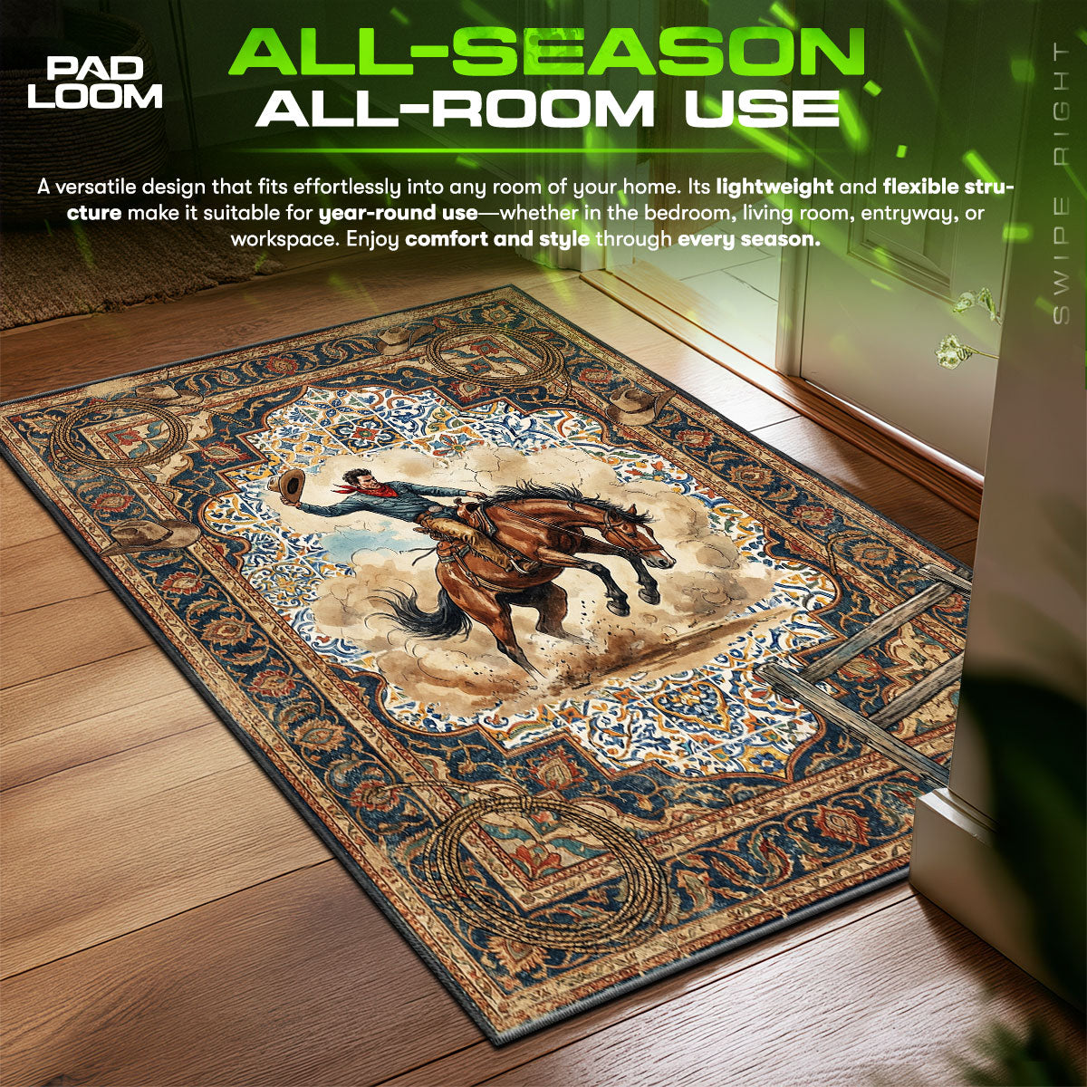 Detailed close-up of Bronc rug pattern