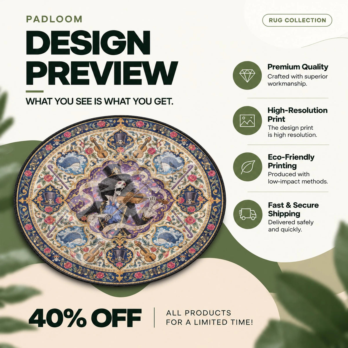 Brook Violin One Piece round rug full design preview