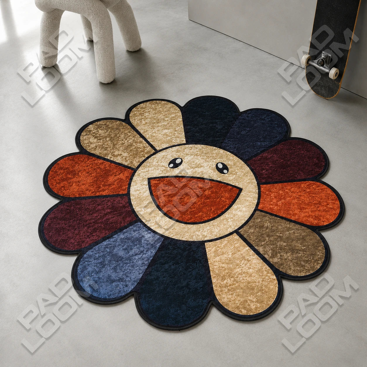 Brown Murakami Flower shaped rug shown in a room setting