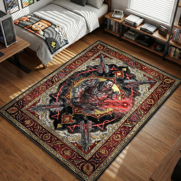 Halo Brute Chieftain Jiralhanae roaring holding red gravity hammer in Banished style gaming area rug and floor mat