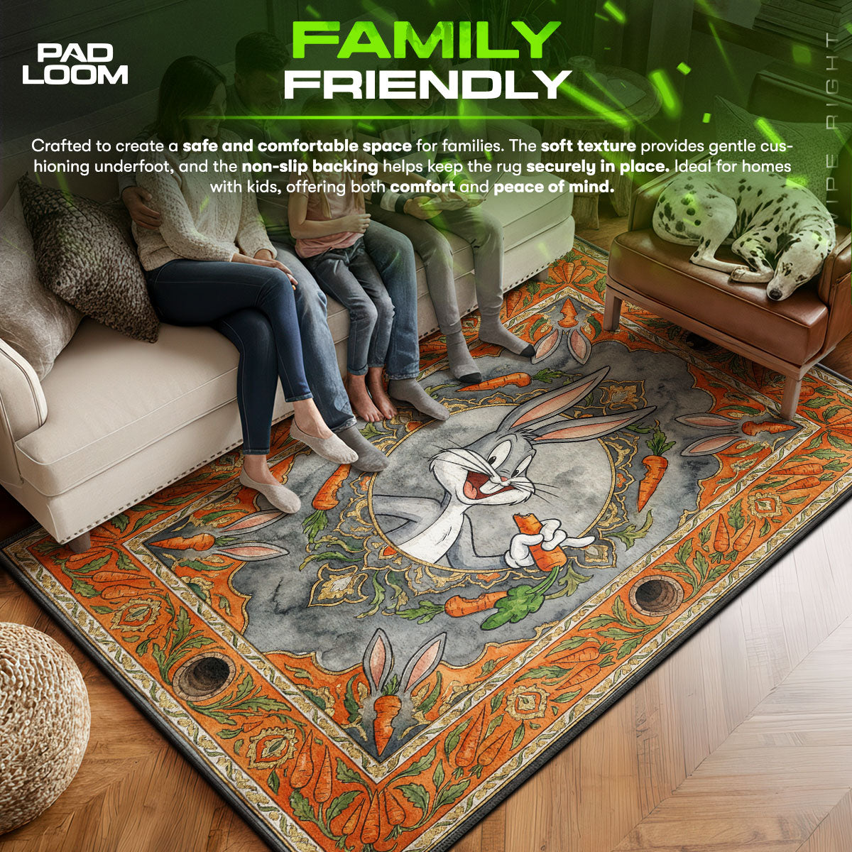 Bugs area rug showing full home decor artwork