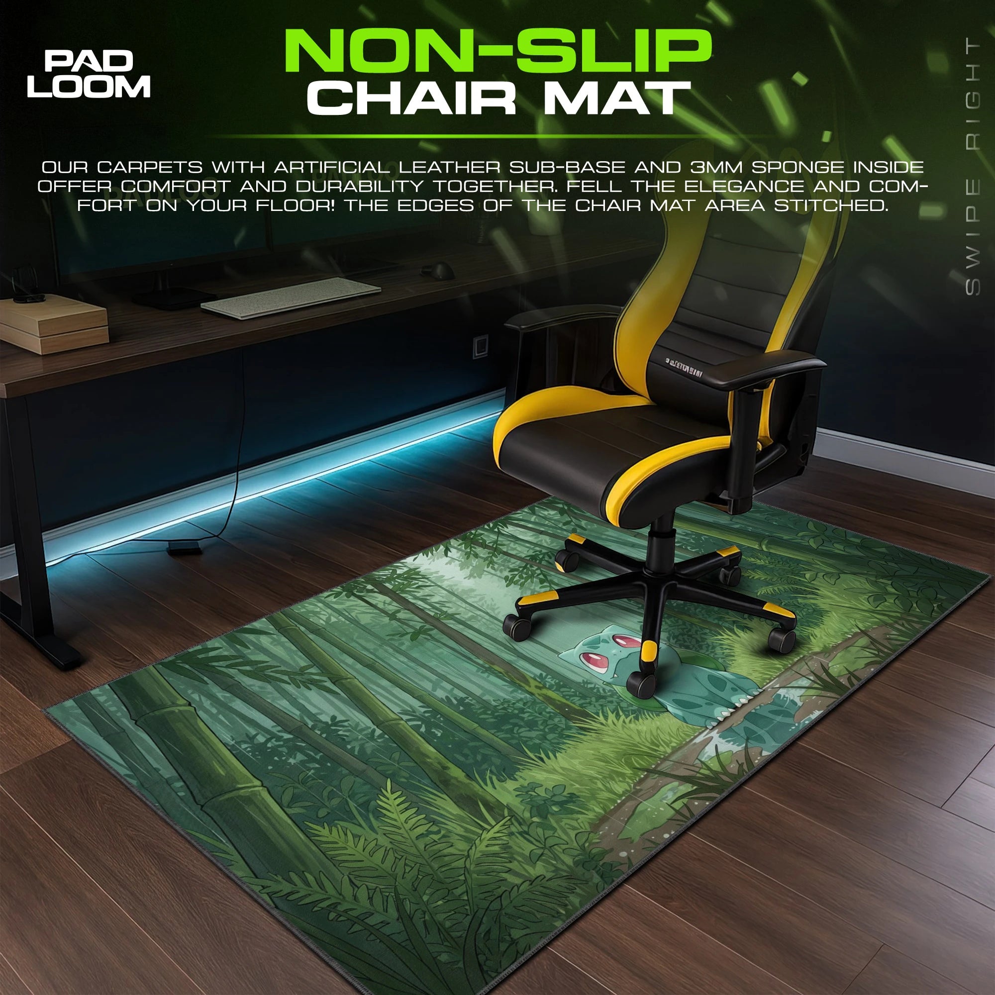 Bulbasaur Bamboo Rain – stitched-edge, non-slip mouse pad detail