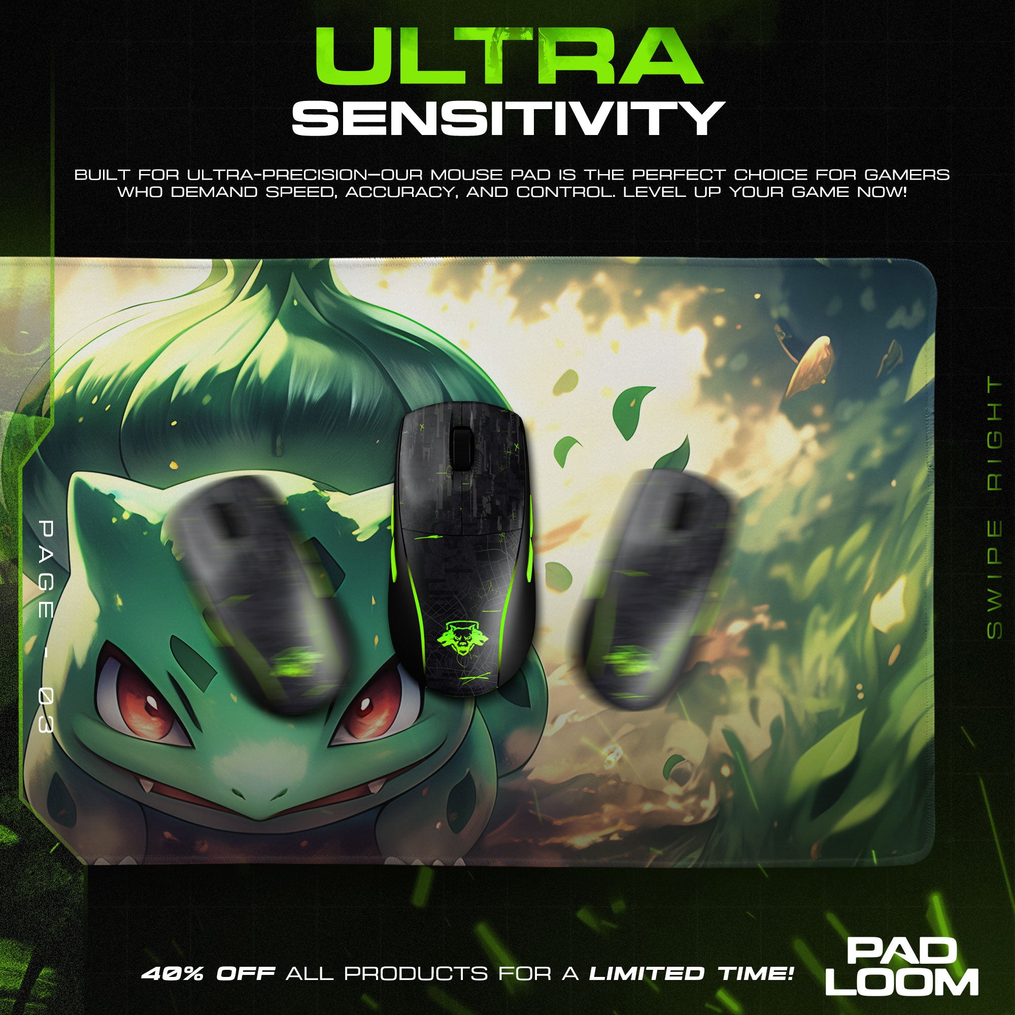 Bulbasaur Charge Bloom Mouse Pad, Pokémon Battle Ready Gaming Desk Mat