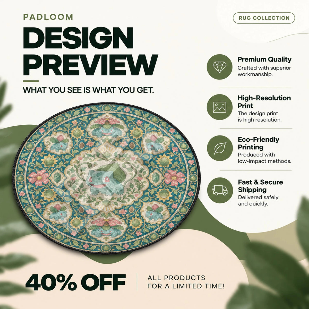 Bulbasaur Garden Pokemon round rug full design preview