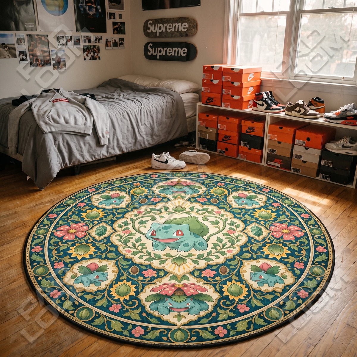 Bulbasaur Garden round rug shown in a styled room - Pokemon area rug