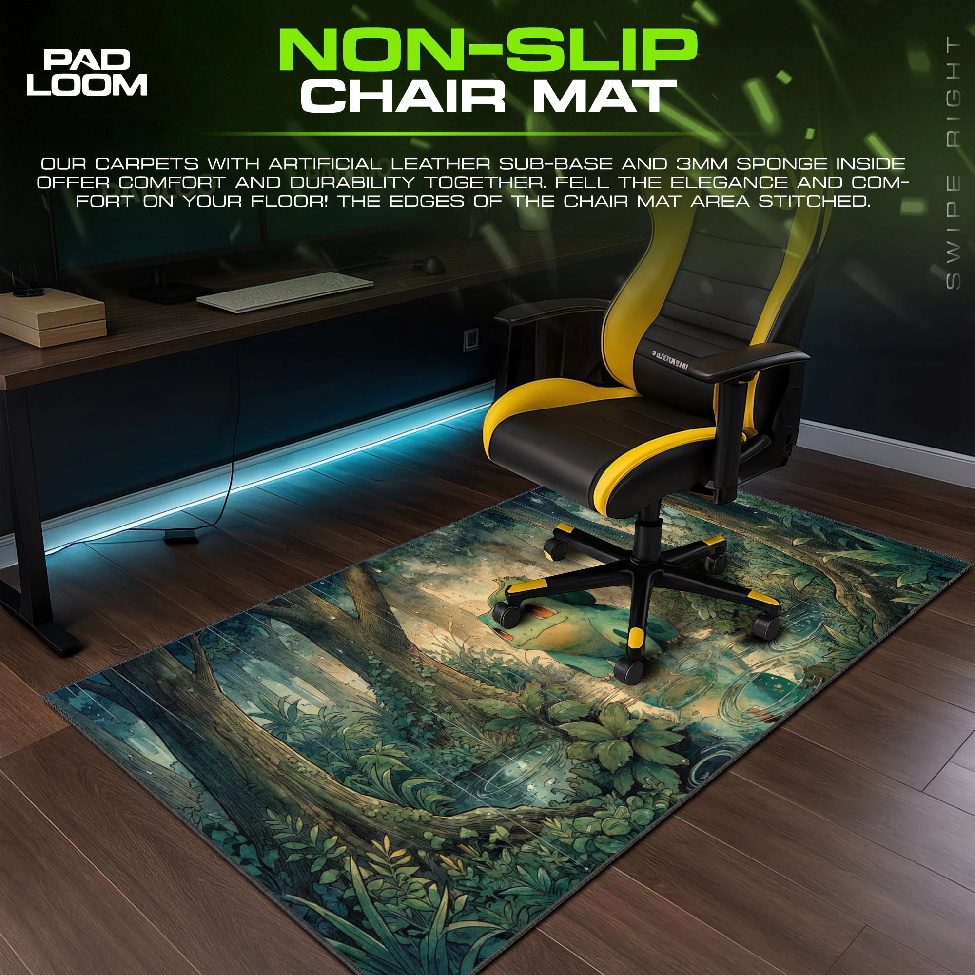 Bulbasaur Rainfall Grove – stitched-edge, non-slip mouse pad detail