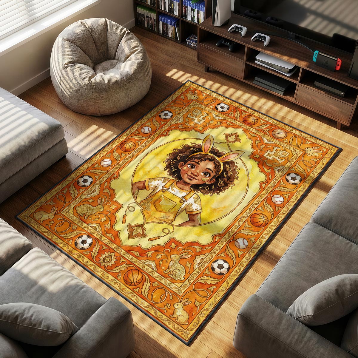 Bunny Girl themed area rug for home decor fans