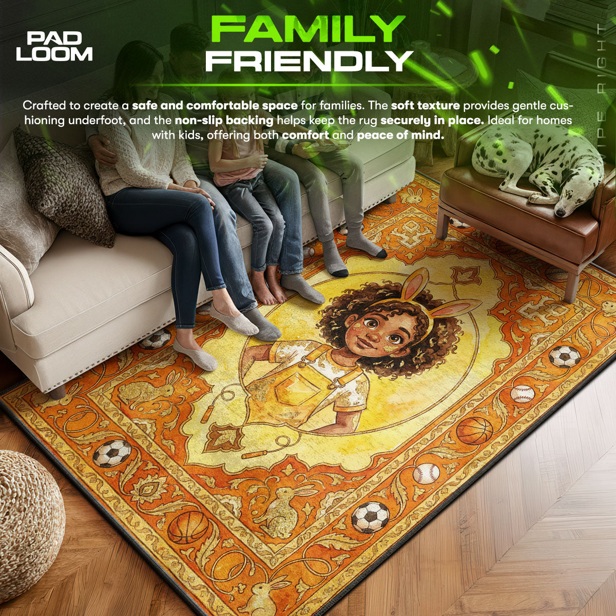 Bunny area rug showing full home decor artwork
