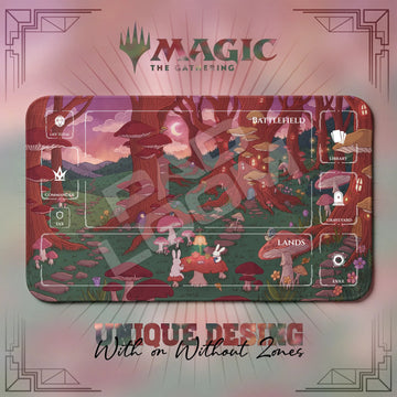 Bunny Mushroom MTG playmat, red and green art with play zones, 24 x 14 in