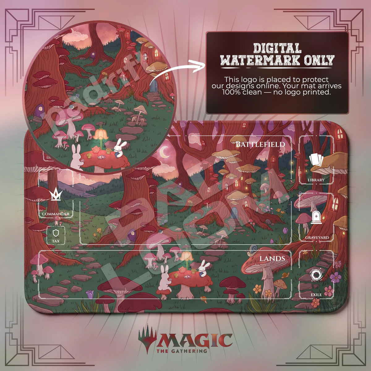 Bunny Mushroom MTG playmat with zones; the Padloom watermark is digital only, not printed