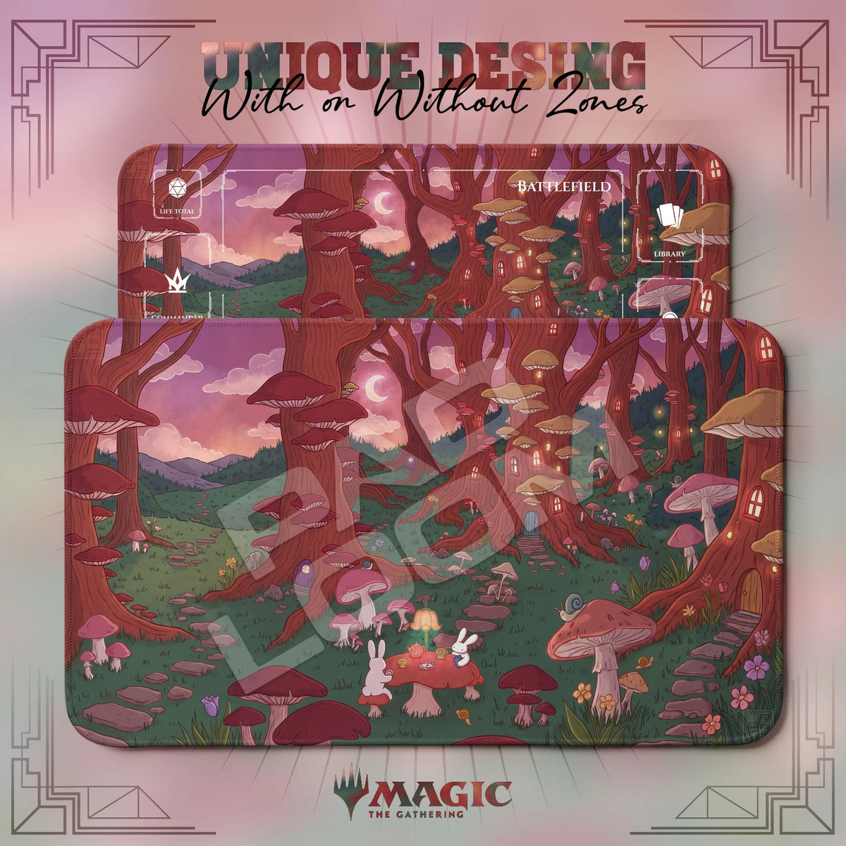 Bunny Mushroom MTG playmat shown with zones and without zones
