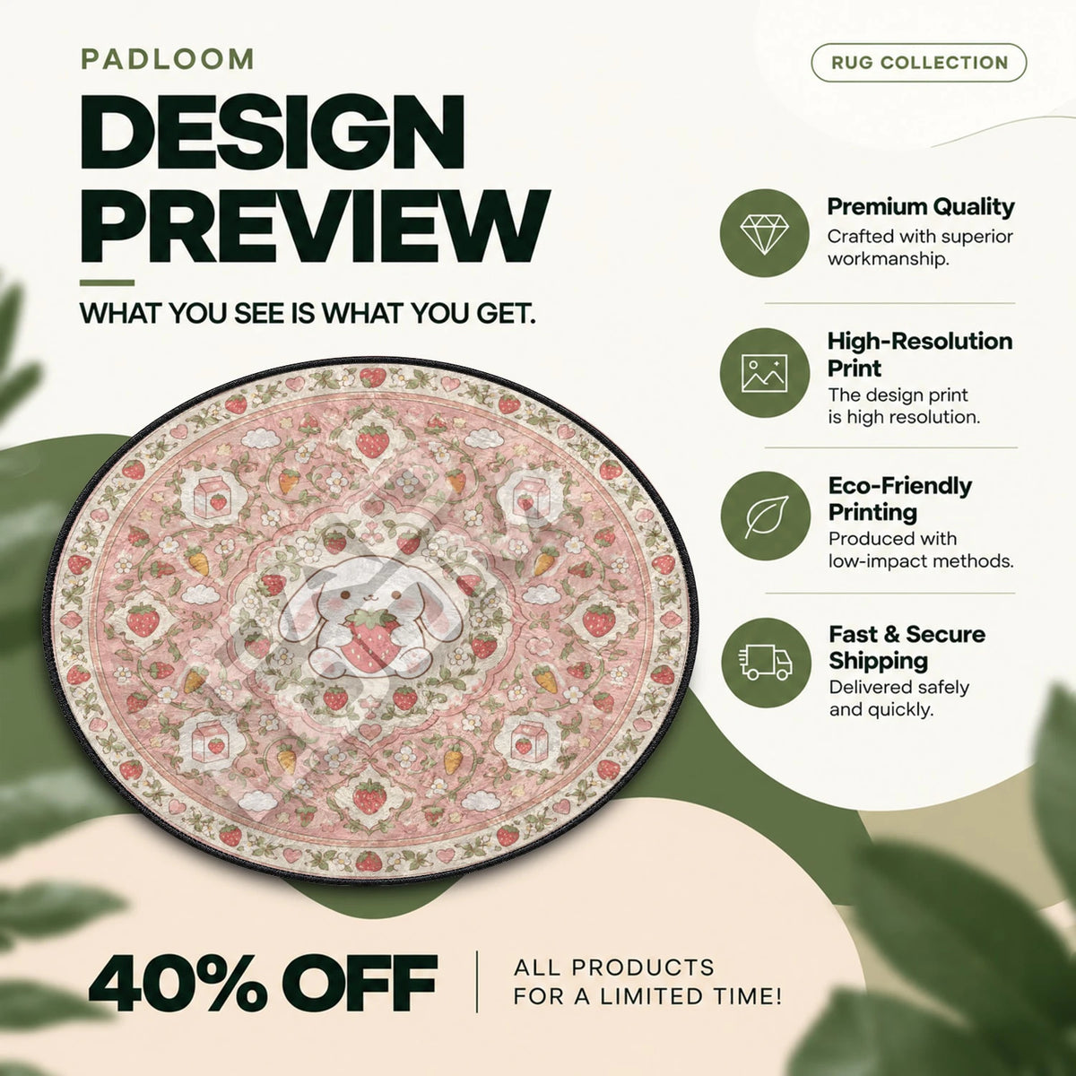 Bunny Strawberry kawaii round rug full design preview