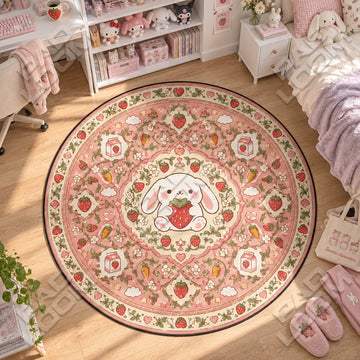 Bunny Strawberry kawaii round rug on a bedroom floor - kawaii chair mat