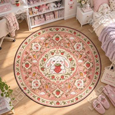 Bunny Strawberry Round Rug - Kids Circle Area Rug