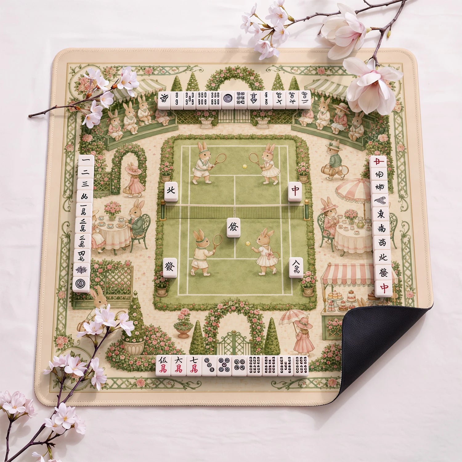 Bunny Tennis Garden design close-up on mahjong mat surface