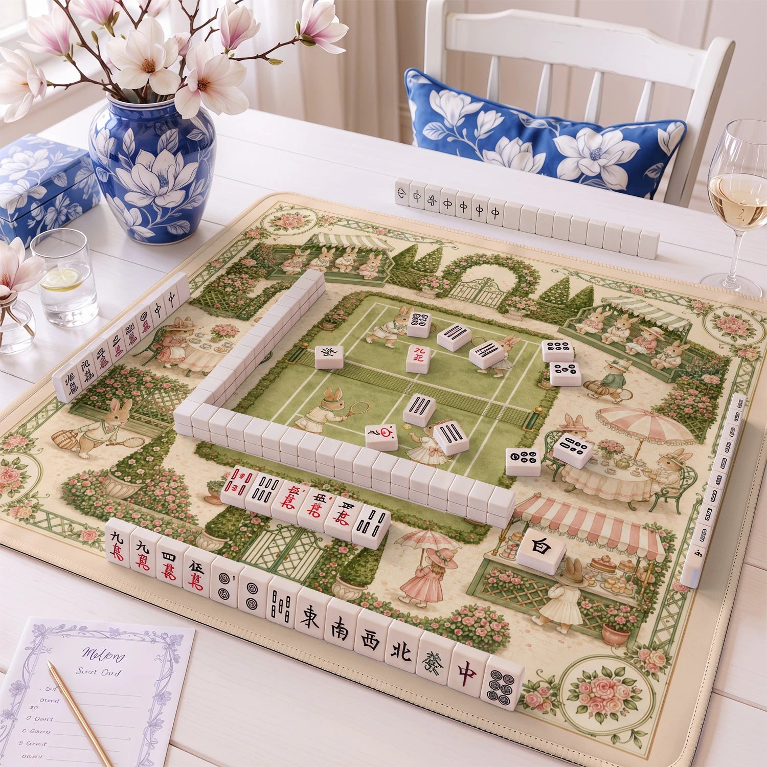 Bunny Tennis Garden mahjong mat – M (60x60 cm) and L (81x81 cm) sizes