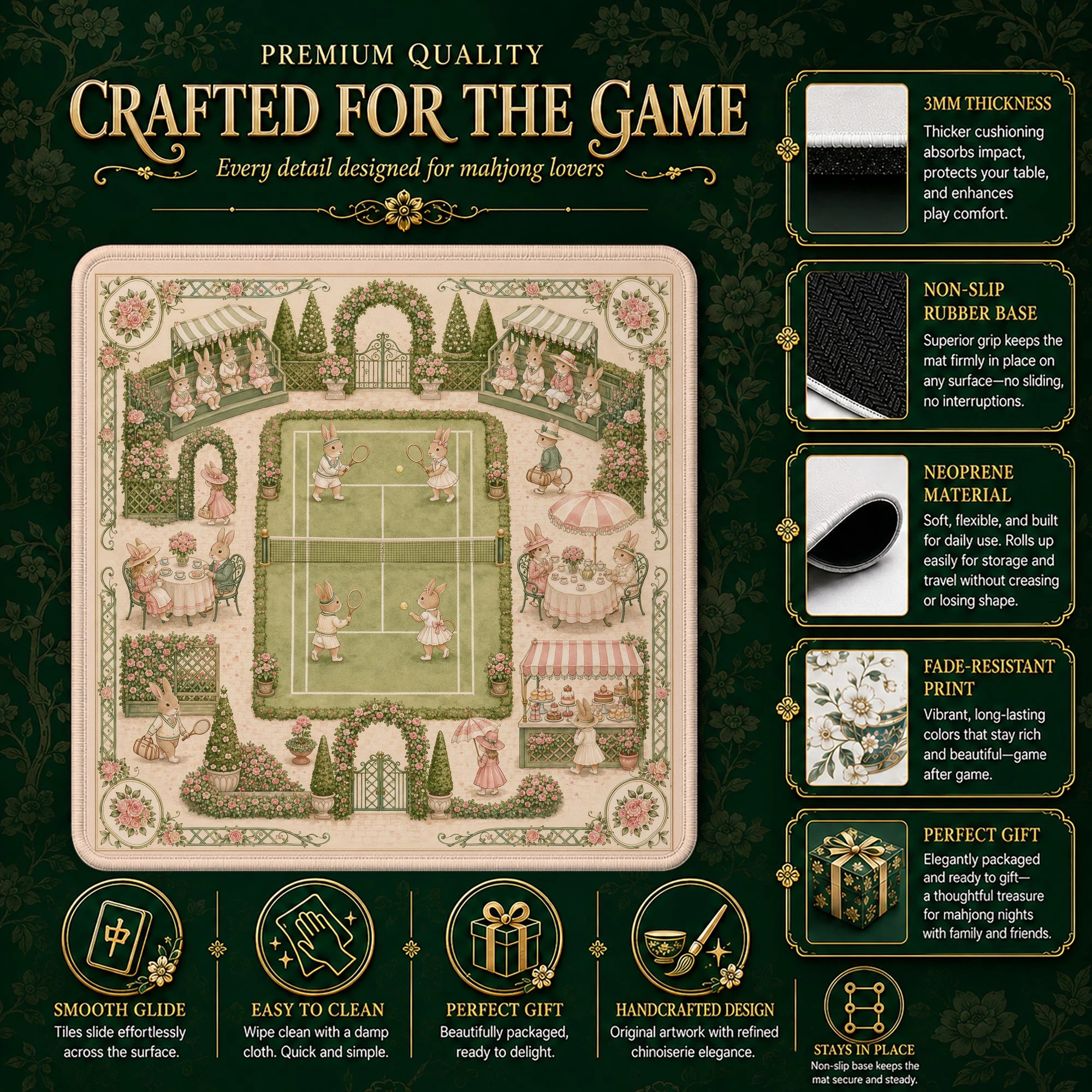 Bunny Tennis Garden mahjong mat – M (60x60 cm) and L (81x81 cm) sizes