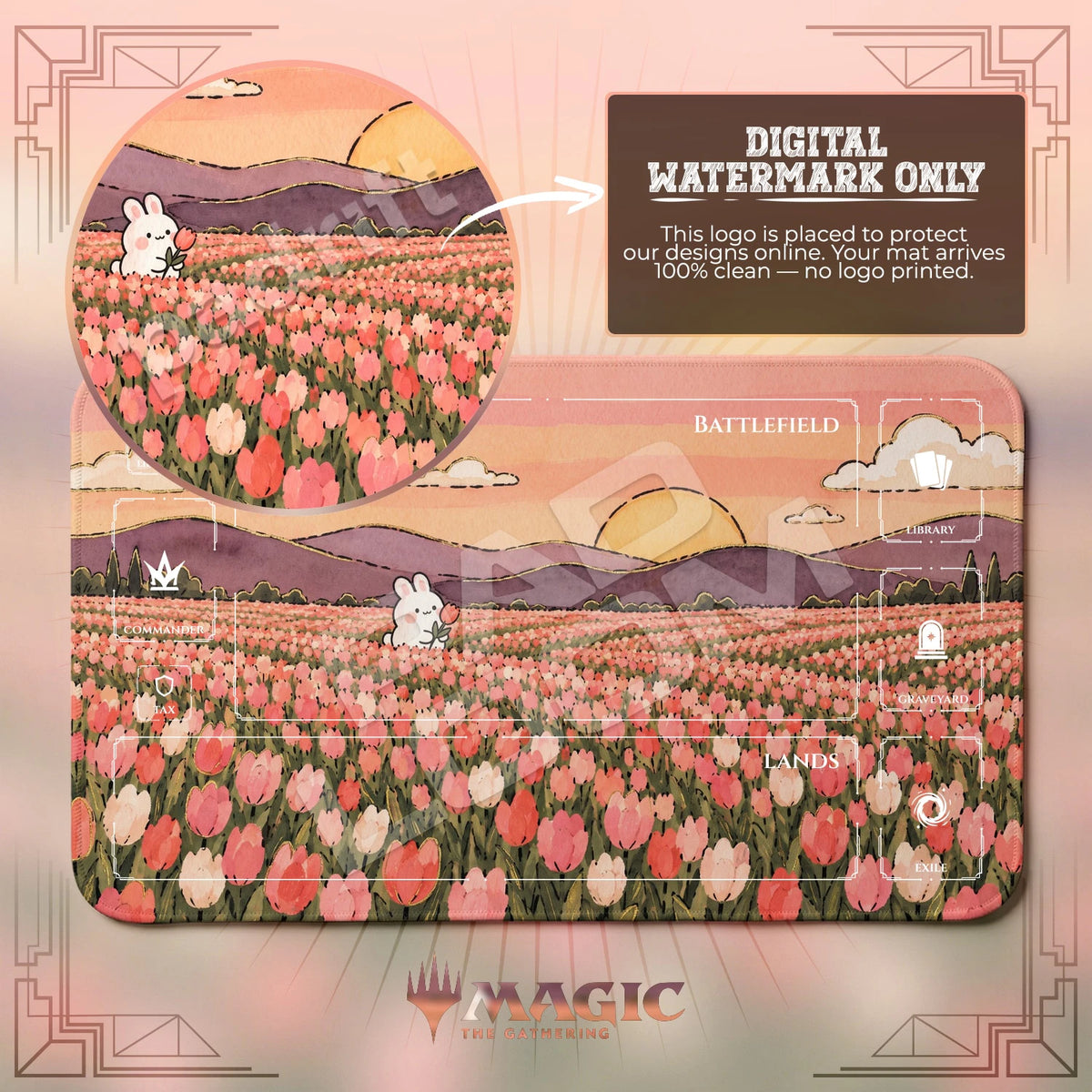 Bunny Tulip MTG playmat with zones; the Padloom watermark is digital only, not printed
