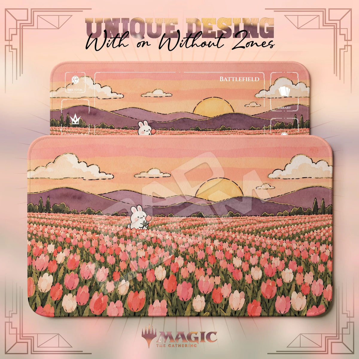 Bunny Tulip MTG playmat shown with zones and without zones