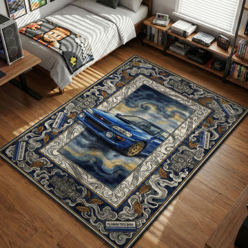 Blue Subaru Impreza WRX STI illustration centered on a rug design with Fujiwara Tofu Shop stickers, boxer engine blueprints, and stylized tire smoke.