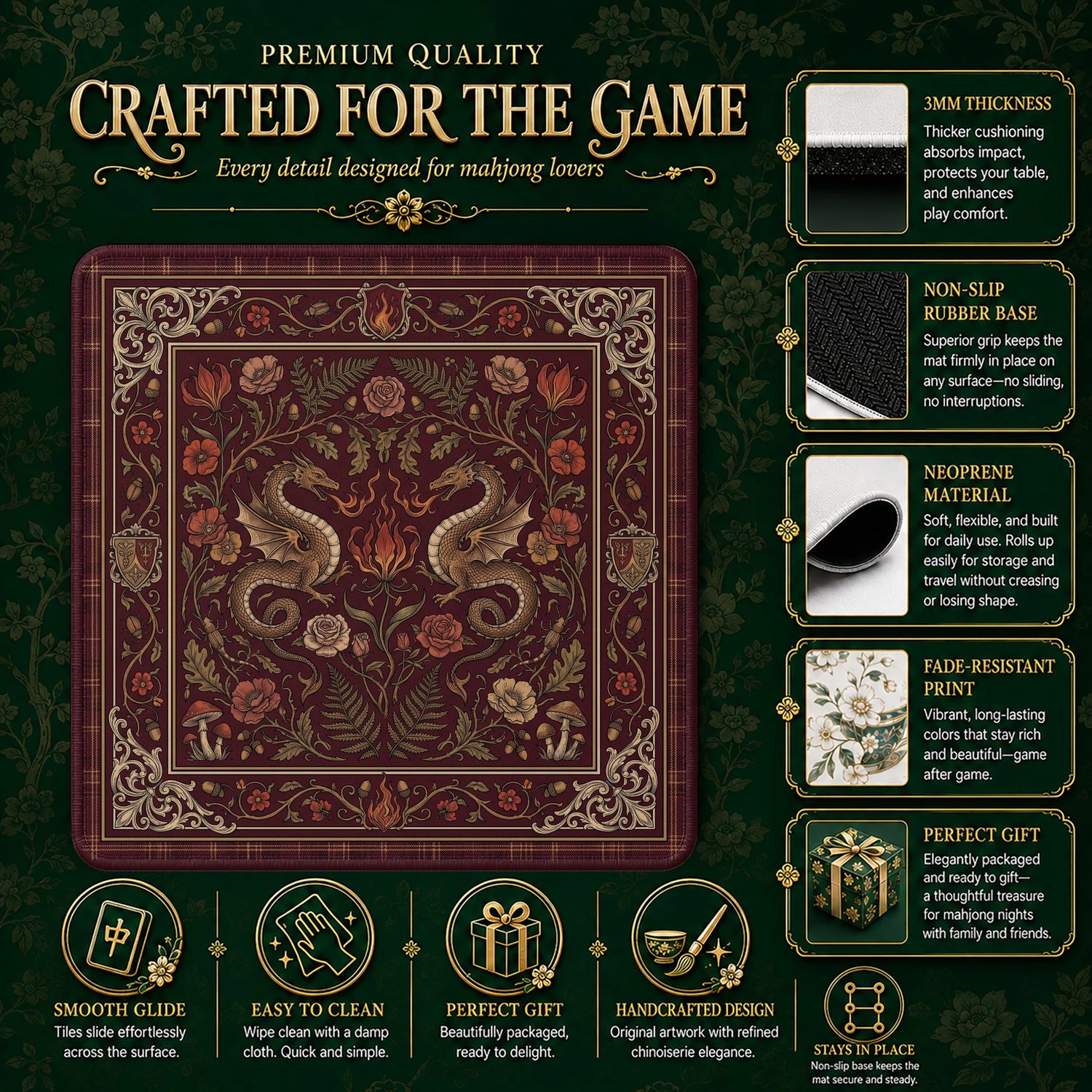 Burgundy Dragon Mahjong Mat - Mah Jongg Mat