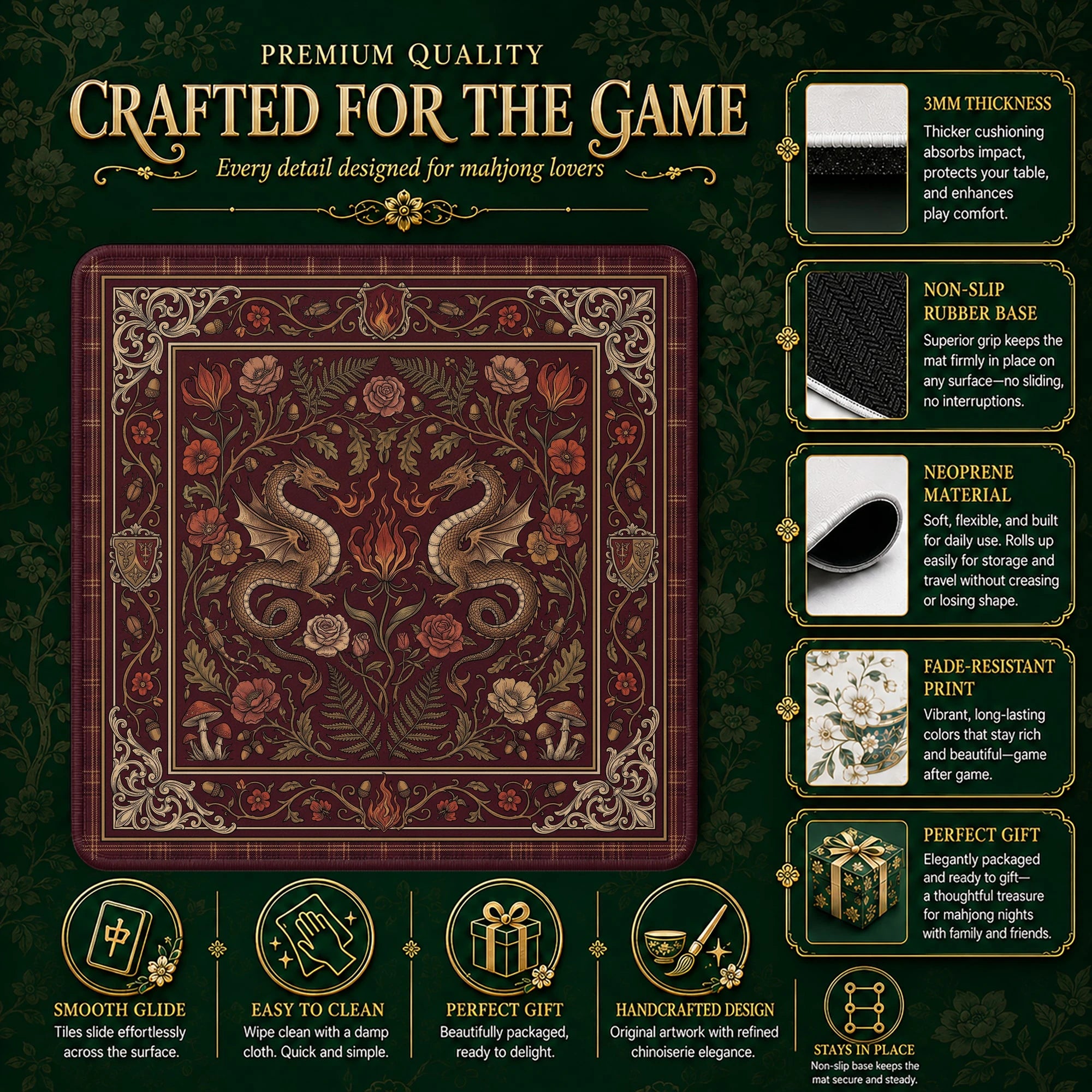 Burgundy Dragon Mahjong Mat - Mah Jongg Mat