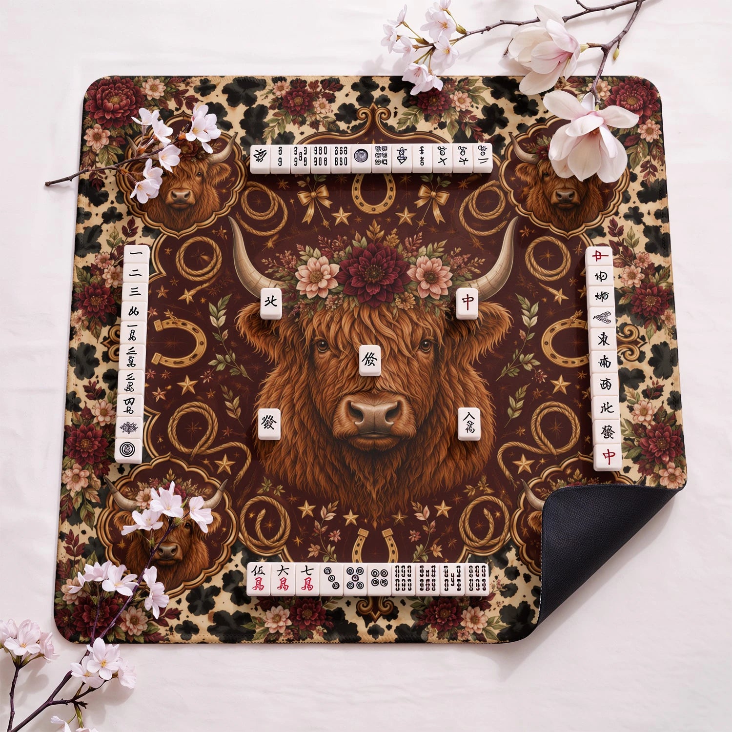 Burgundy Highland design close-up on mahjong mat surface